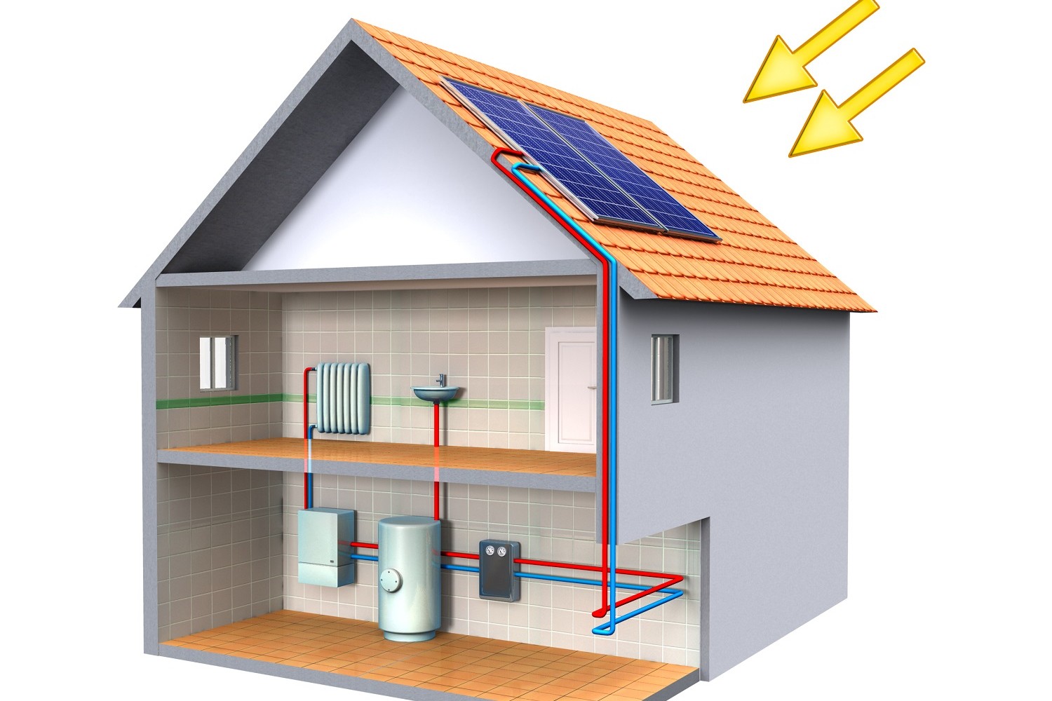 Solar thermal energy system in a modern house. Digital illustration, clipping path included.